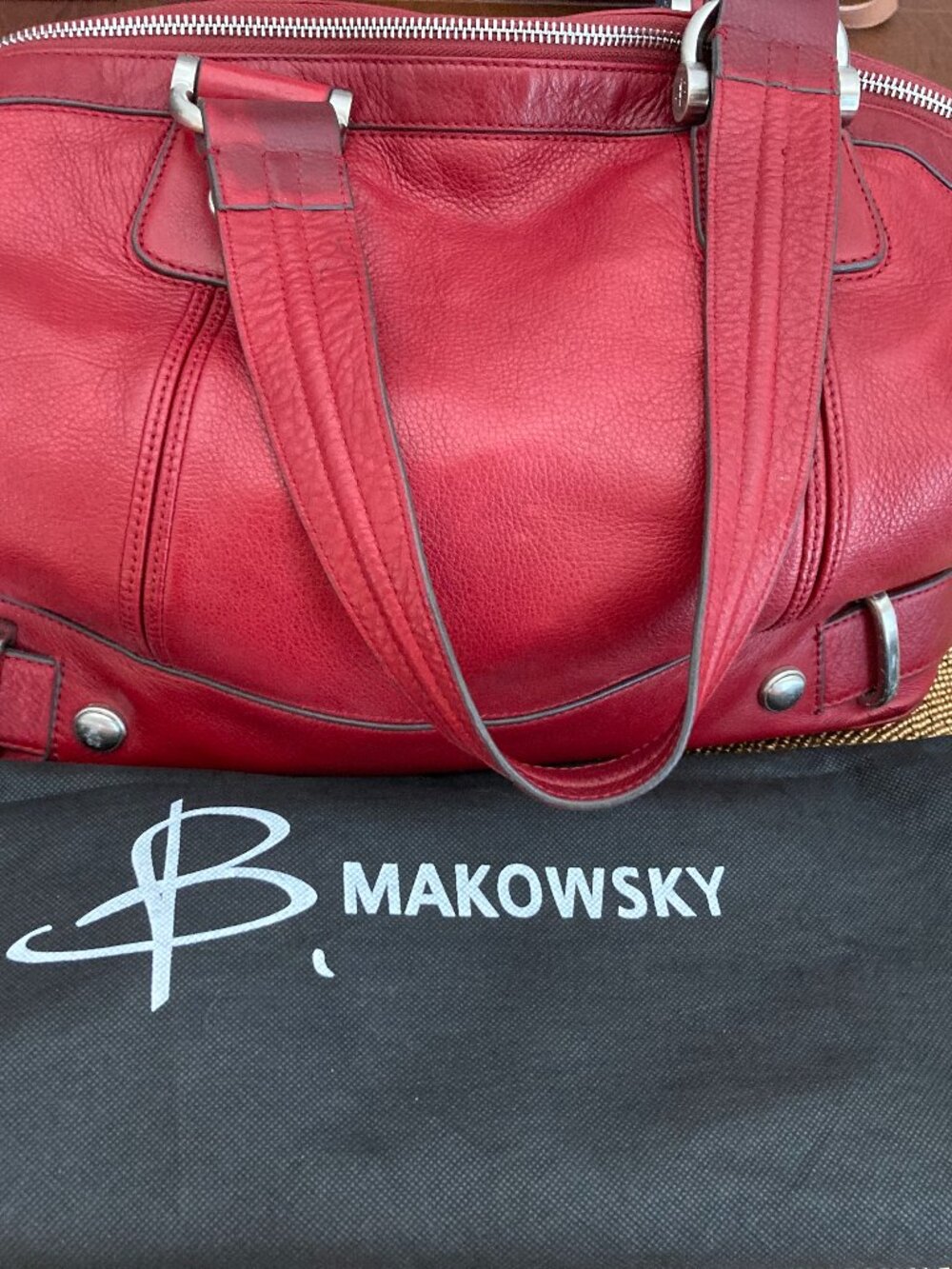 B. Makowsky Red Pebbled Leather Satchel with Leopard Lining & Dust Bag